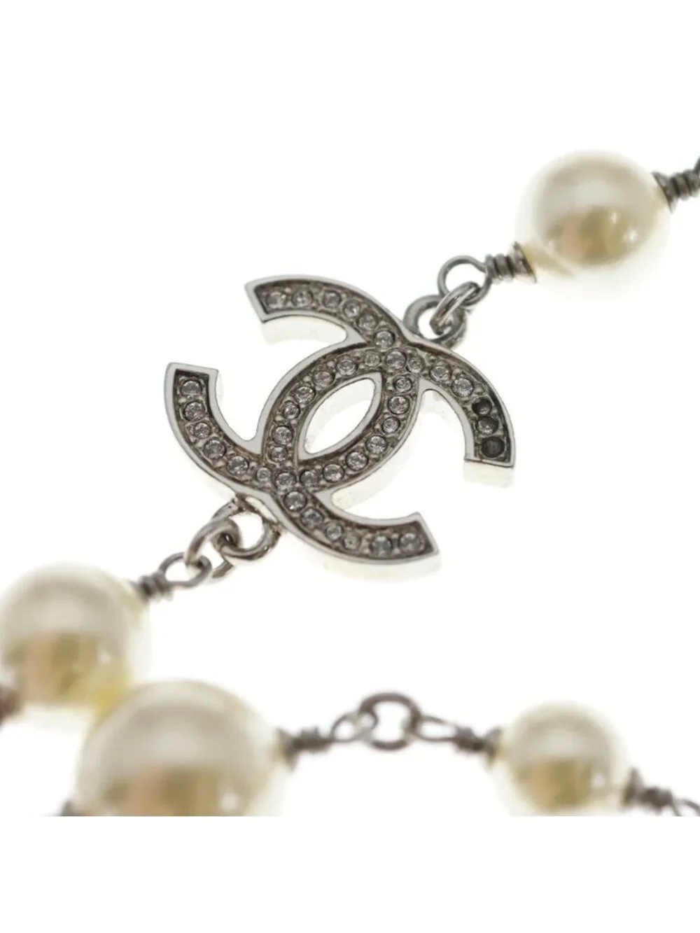 Chanel CC Logo Faux Pearl Rhinestone Long Necklace Silver